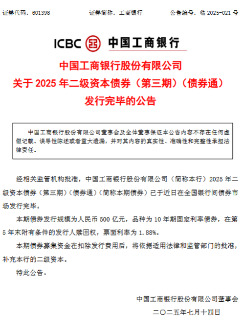 工商银行：完成发行500亿元资本债券